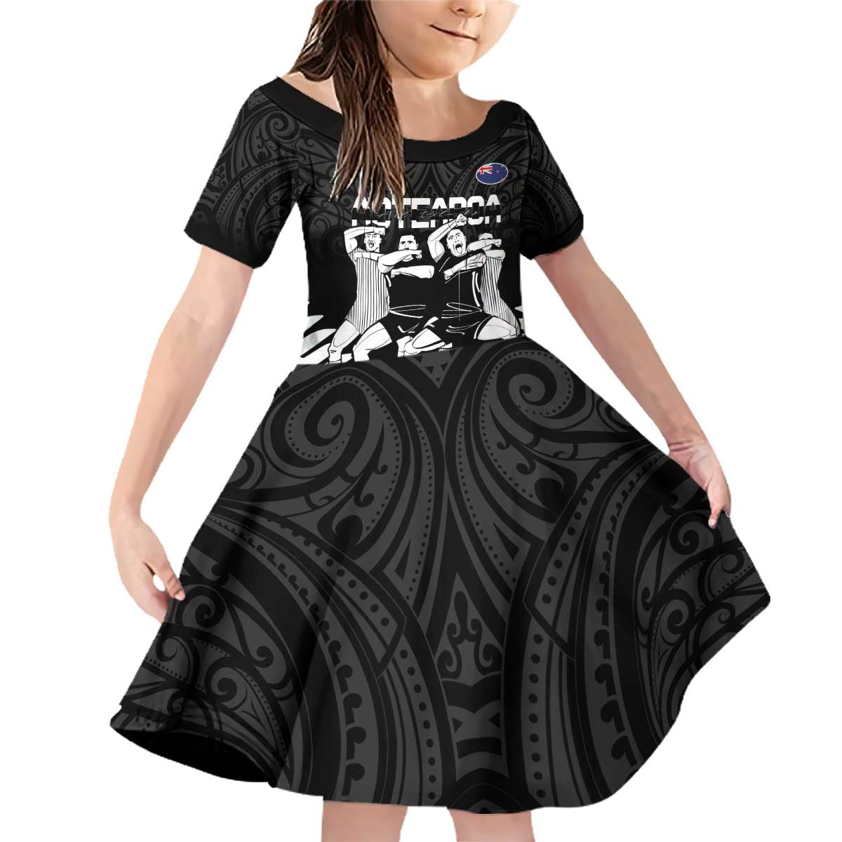 New Zealand Silver Fern Rugby Family Matching Off Shoulder Short Dress and Hawaiian Shirt Haka Dance With Aotearoa Maori Pattern LT14 Daughter's Dress Black - Polynesian Pride