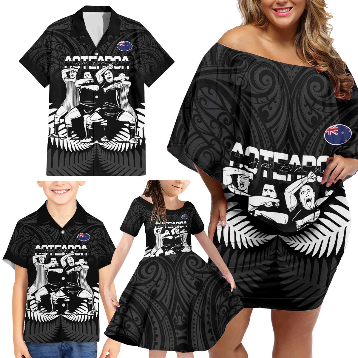 New Zealand Silver Fern Rugby Family Matching Off Shoulder Short Dress and Hawaiian Shirt Haka Dance With Aotearoa Maori Pattern LT14 - Polynesian Pride