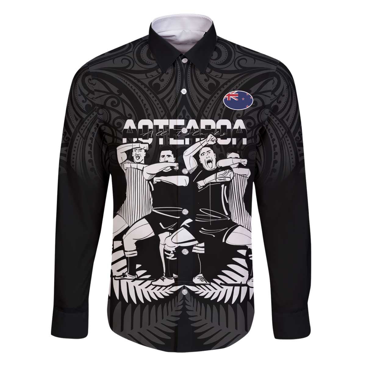 New Zealand Silver Fern Rugby Family Matching Off Shoulder Short Dress and Hawaiian Shirt Haka Dance With Aotearoa Maori Pattern LT14 Dad's Shirt - Long Sleeve Black - Polynesian Pride