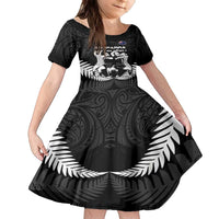 New Zealand Silver Fern Rugby Family Matching Puletasi and Hawaiian Shirt Haka Dance With Aotearoa Maori Pattern LT14 Daughter's Dress Black - Polynesian Pride