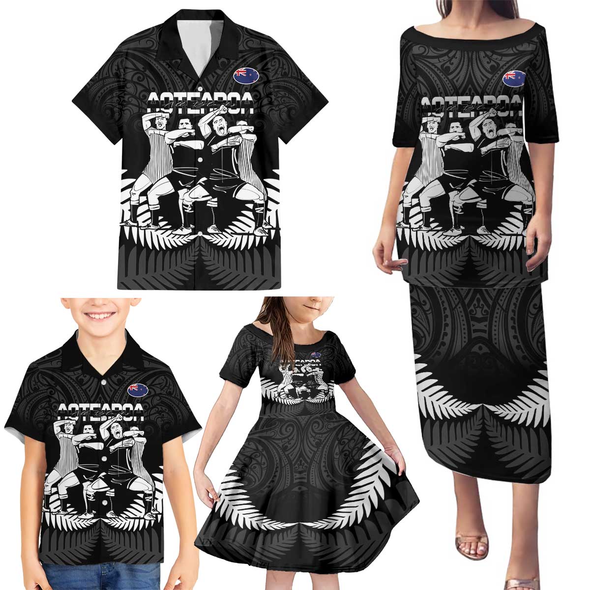 New Zealand Silver Fern Rugby Family Matching Puletasi and Hawaiian Shirt Haka Dance With Aotearoa Maori Pattern LT14 - Polynesian Pride