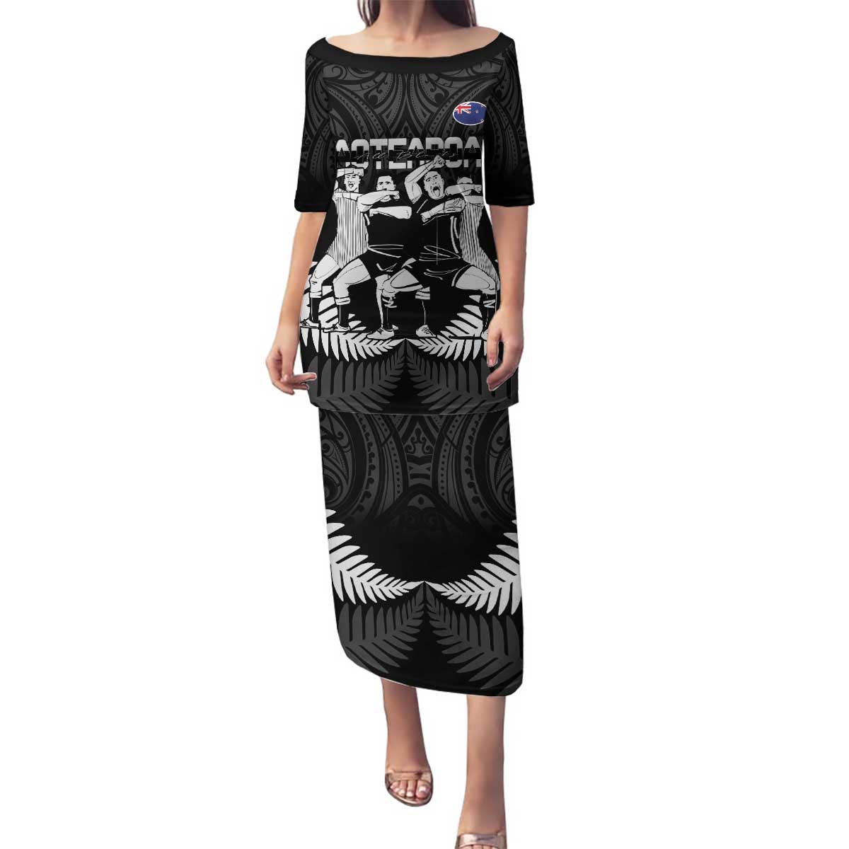 New Zealand Silver Fern Rugby Family Matching Puletasi and Hawaiian Shirt Haka Dance With Aotearoa Maori Pattern LT14 Mom's Dress Black - Polynesian Pride