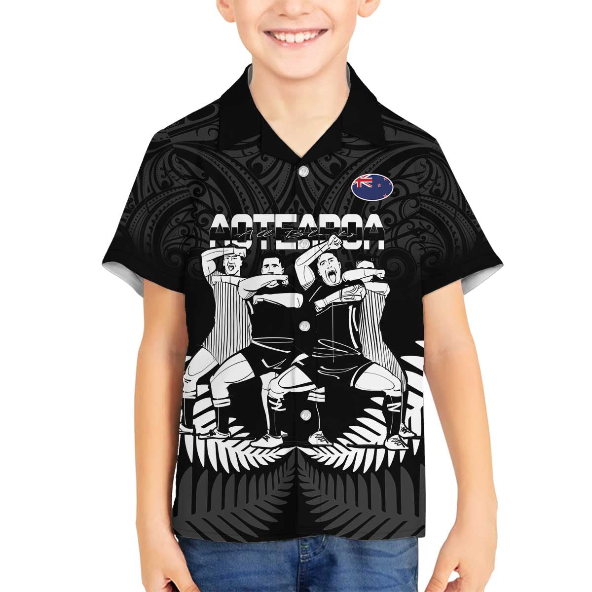 New Zealand Silver Fern Rugby Family Matching Puletasi and Hawaiian Shirt Haka Dance With Aotearoa Maori Pattern LT14 Son's Shirt Black - Polynesian Pride
