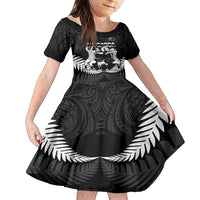 New Zealand Silver Fern Rugby Family Matching Short Sleeve Bodycon Dress and Hawaiian Shirt Haka Dance With Aotearoa Maori Pattern LT14 Daughter's Dress Black - Polynesian Pride