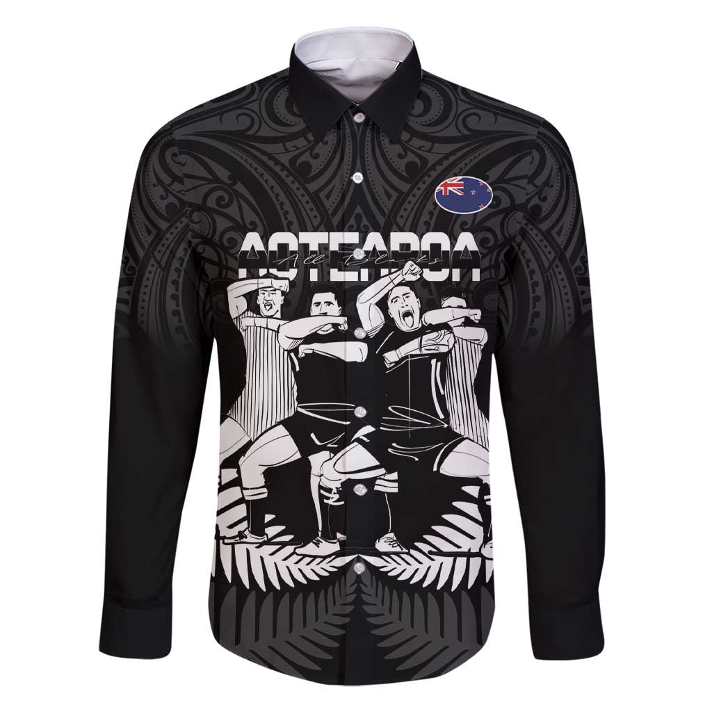 New Zealand Silver Fern Rugby Family Matching Short Sleeve Bodycon Dress and Hawaiian Shirt Haka Dance With Aotearoa Maori Pattern LT14 Dad's Shirt - Long Sleeve Black - Polynesian Pride