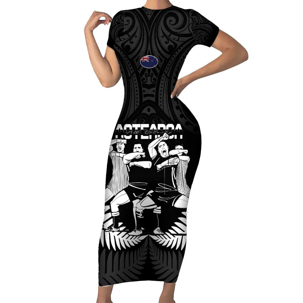 New Zealand Silver Fern Rugby Family Matching Short Sleeve Bodycon Dress and Hawaiian Shirt Haka Dance With Aotearoa Maori Pattern LT14 Mom's Dress Black - Polynesian Pride