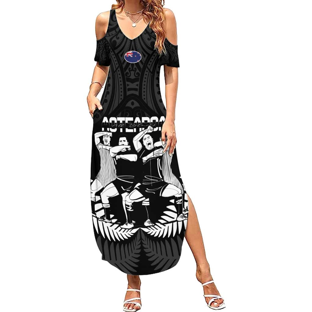 New Zealand Silver Fern Rugby Family Matching Summer Maxi Dress and Hawaiian Shirt Haka Dance With Aotearoa Maori Pattern LT14 Mom's Dress Black - Polynesian Pride