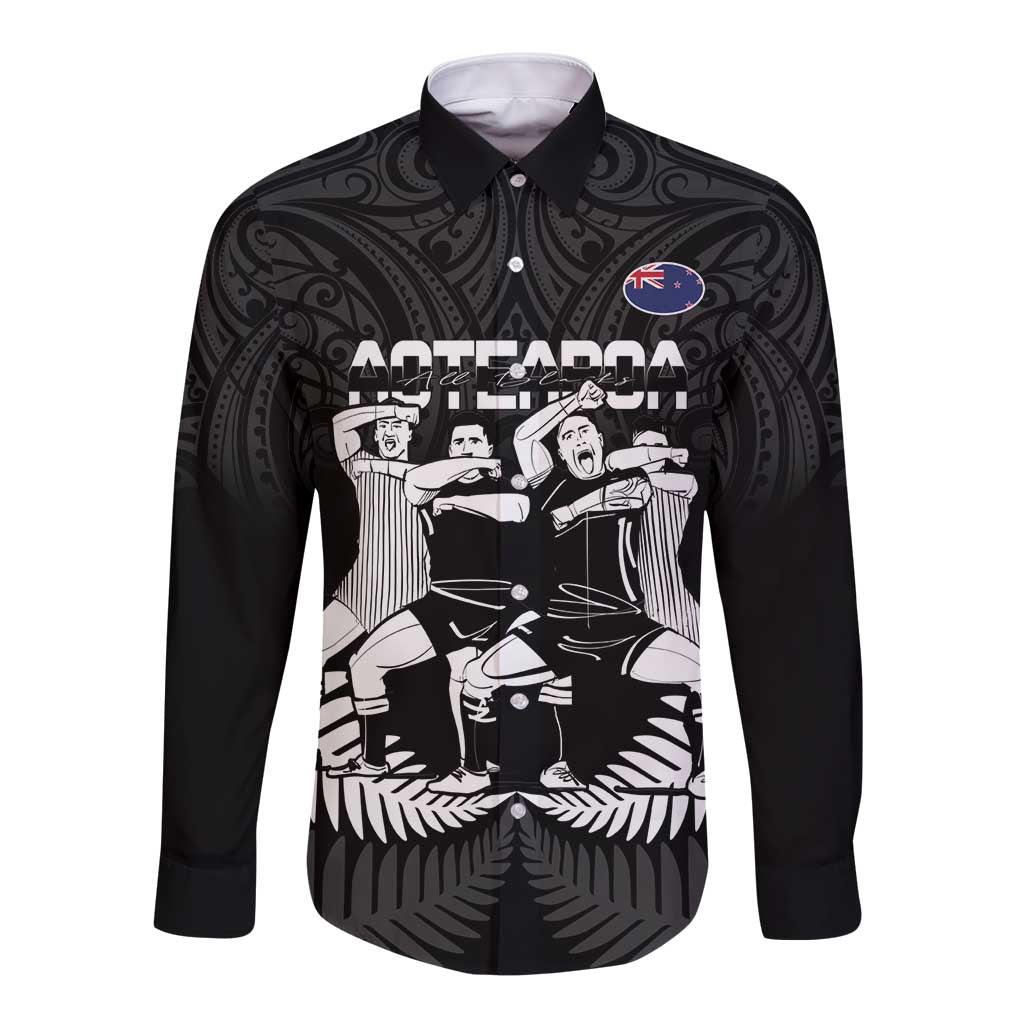 New Zealand Silver Fern Rugby Long Sleeve Button Shirt Haka Dance With Aotearoa Maori Pattern LT14 Unisex Black - Polynesian Pride