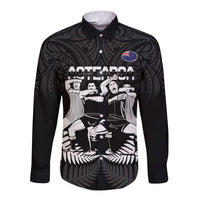 New Zealand Silver Fern Rugby Long Sleeve Button Shirt Haka Dance With Aotearoa Maori Pattern LT14 Unisex Black - Polynesian Pride