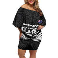 New Zealand Silver Fern Rugby Off Shoulder Short Dress Haka Dance With Aotearoa Maori Pattern LT14 Women Black - Polynesian Pride