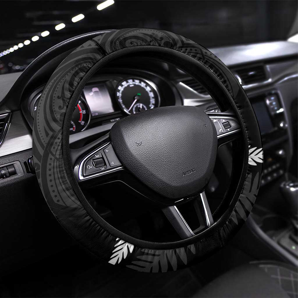 New Zealand Silver Fern Rugby Steering Wheel Cover Haka Dance With Aotearoa Maori Pattern LT14 Universal Fit Black - Polynesian Pride