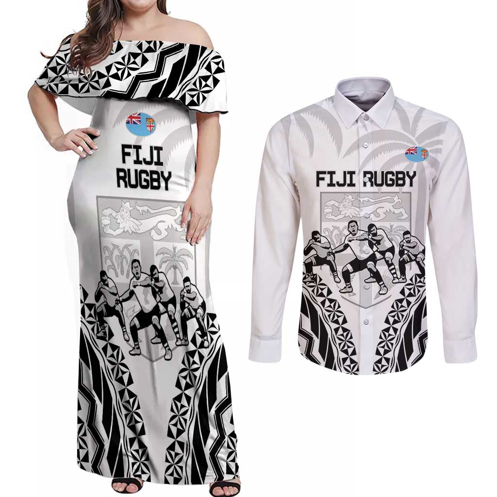 Fiji Tapa Rugby Couples Matching Off Shoulder Maxi Dress and Long Sleeve Button Shirt Cibi Dance With Fijian Pattern LT14 White - Polynesian Pride