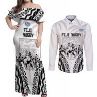 Fiji Tapa Rugby Couples Matching Off Shoulder Maxi Dress and Long Sleeve Button Shirt Cibi Dance With Fijian Pattern LT14 White - Polynesian Pride