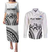 Fiji Tapa Rugby Couples Matching Puletasi and Long Sleeve Button Shirt Cibi Dance With Fijian Pattern