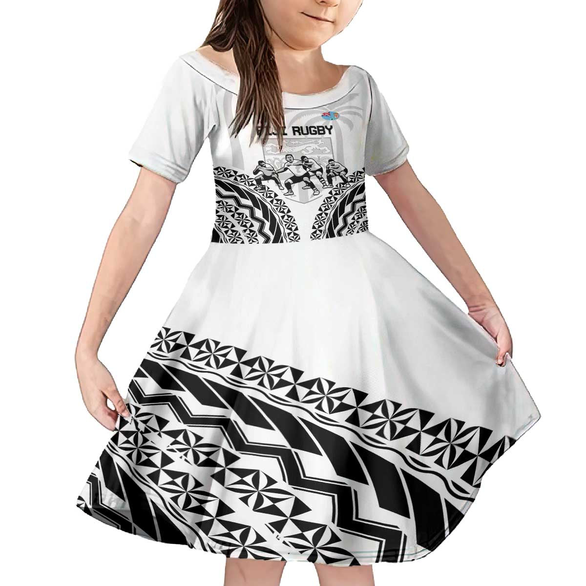 Fiji Tapa Rugby Family Matching Off The Shoulder Long Sleeve Dress and Hawaiian Shirt Cibi Dance With Fijian Pattern LT14 Daughter's Dress White - Polynesian Pride