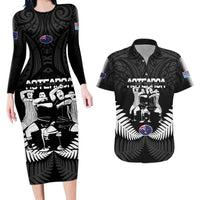 New Zealand And Fiji Tapa Rugby Couples Matching Long Sleeve Bodycon Dress and Hawaiian Shirt Haka Dance Mix Cibi Dance Together LT14 Black - Polynesian Pride