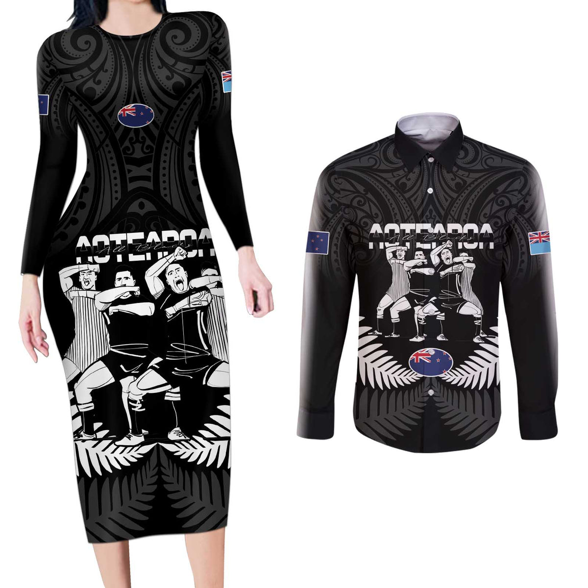 New Zealand And Fiji Tapa Rugby Couples Matching Long Sleeve Bodycon Dress and Long Sleeve Button Shirt Haka Dance Mix Cibi Dance Together LT14 Black - Polynesian Pride