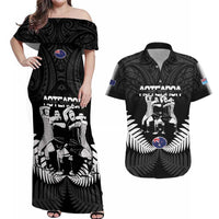 New Zealand And Fiji Tapa Rugby Couples Matching Off Shoulder Maxi Dress and Hawaiian Shirt Haka Dance Mix Cibi Dance Together LT14 Black - Polynesian Pride