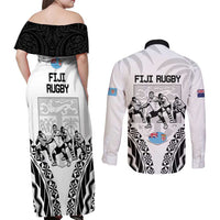 New Zealand And Fiji Tapa Rugby Couples Matching Off Shoulder Maxi Dress and Long Sleeve Button Shirt Haka Dance Mix Cibi Dance Together LT14 - Polynesian Pride