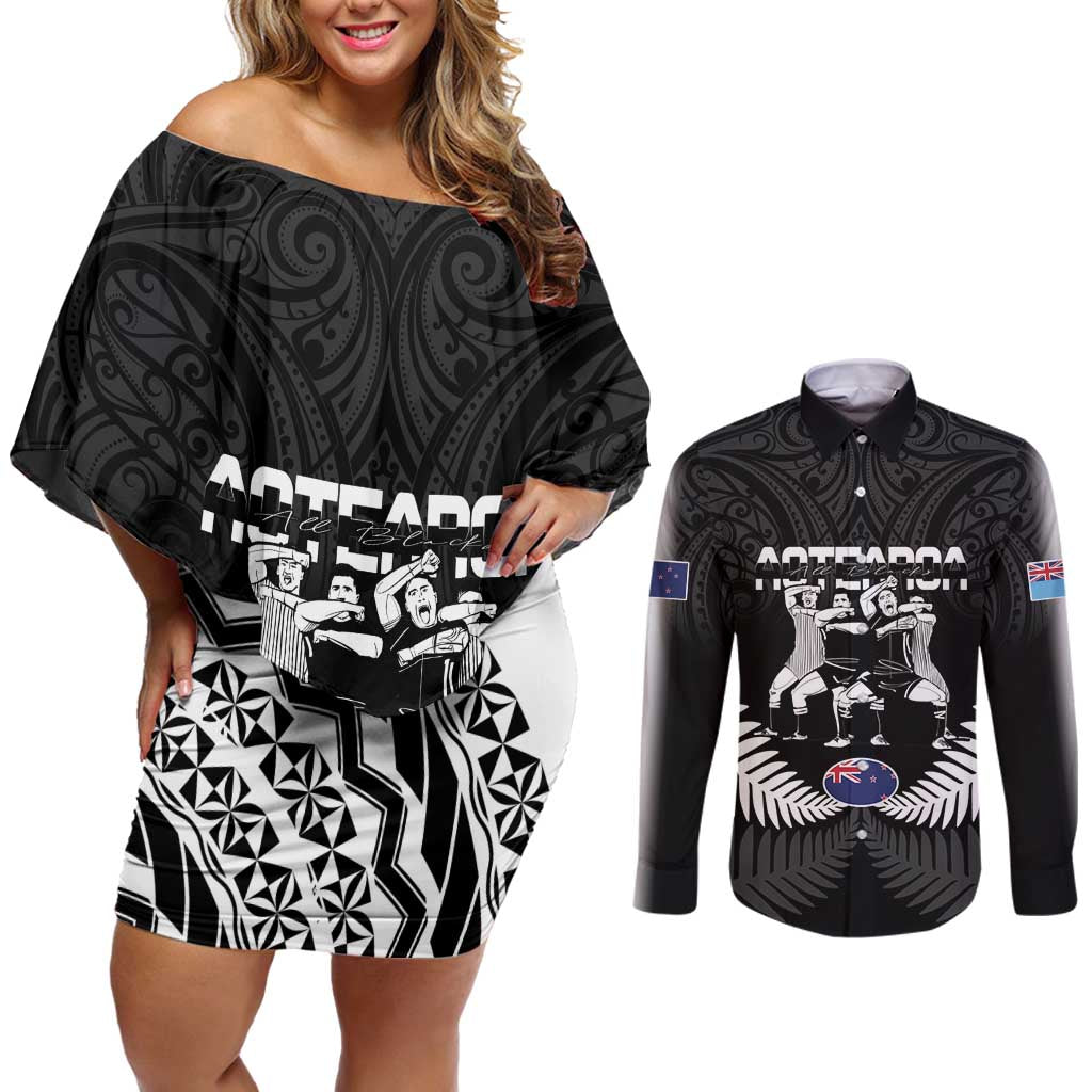 New Zealand And Fiji Tapa Rugby Couples Matching Off Shoulder Short Dress and Long Sleeve Button Shirt Haka Dance Mix Cibi Dance Together LT14 Black - Polynesian Pride