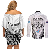 New Zealand And Fiji Tapa Rugby Couples Matching Off Shoulder Short Dress and Long Sleeve Button Shirt Haka Dance Mix Cibi Dance Together LT14 - Polynesian Pride