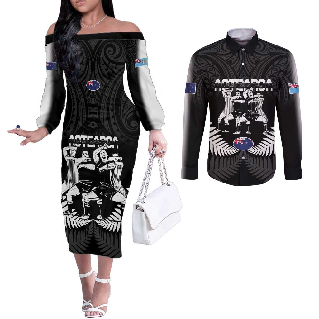 New Zealand And Fiji Tapa Rugby Couples Matching Off The Shoulder Long Sleeve Dress and Long Sleeve Button Shirt Haka Dance Mix Cibi Dance Together LT14 Black - Polynesian Pride