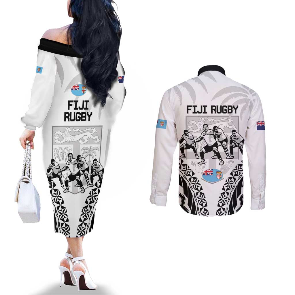 New Zealand And Fiji Tapa Rugby Couples Matching Off The Shoulder Long Sleeve Dress and Long Sleeve Button Shirt Haka Dance Mix Cibi Dance Together LT14 - Polynesian Pride