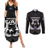 New Zealand And Fiji Tapa Rugby Couples Matching Summer Maxi Dress and Long Sleeve Button Shirt Haka Dance Mix Cibi Dance Together LT14 Black - Polynesian Pride