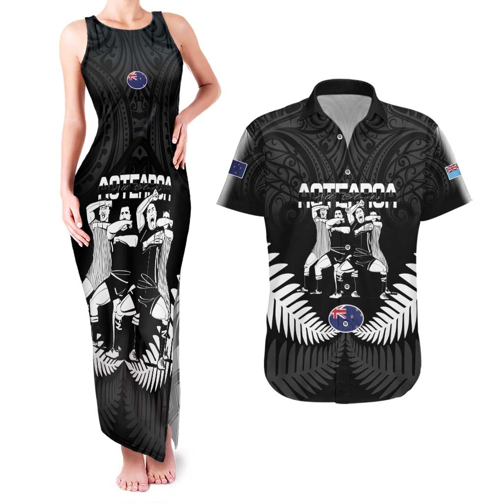 New Zealand And Fiji Tapa Rugby Couples Matching Tank Maxi Dress and Hawaiian Shirt Haka Dance Mix Cibi Dance Together LT14 Black - Polynesian Pride