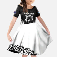 New Zealand And Fiji Tapa Rugby Family Matching Long Sleeve Bodycon Dress and Hawaiian Shirt Haka Dance Mix Cibi Dance Together LT14 Daughter's Dress Black - Polynesian Pride