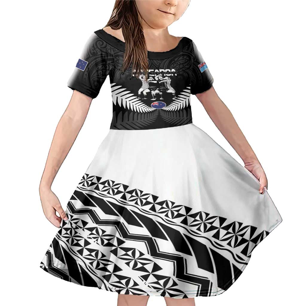 New Zealand And Fiji Tapa Rugby Family Matching Mermaid Dress and Hawaiian Shirt Haka Dance Mix Cibi Dance Together LT14 Daughter's Dress Black - Polynesian Pride