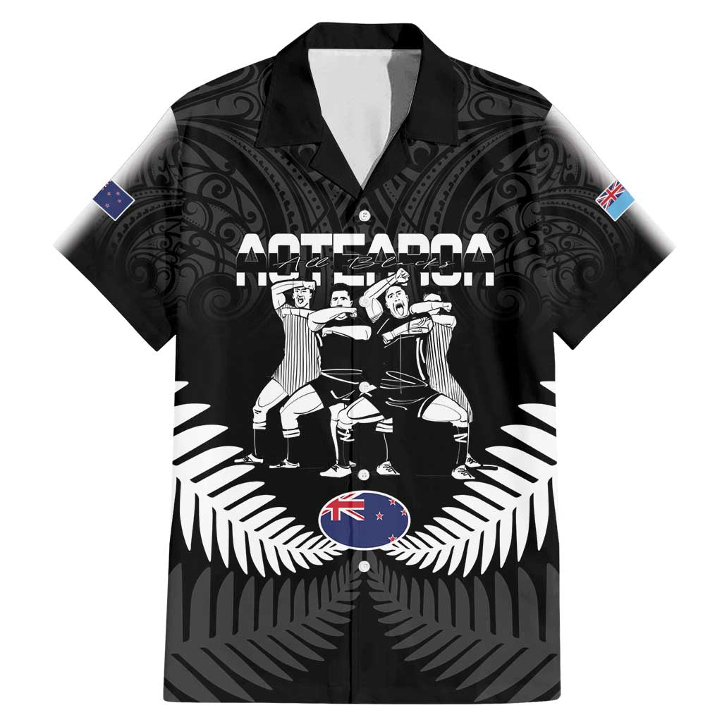 New Zealand And Fiji Tapa Rugby Family Matching Mermaid Dress and Hawaiian Shirt Haka Dance Mix Cibi Dance Together LT14 Dad's Shirt - Short Sleeve Black - Polynesian Pride