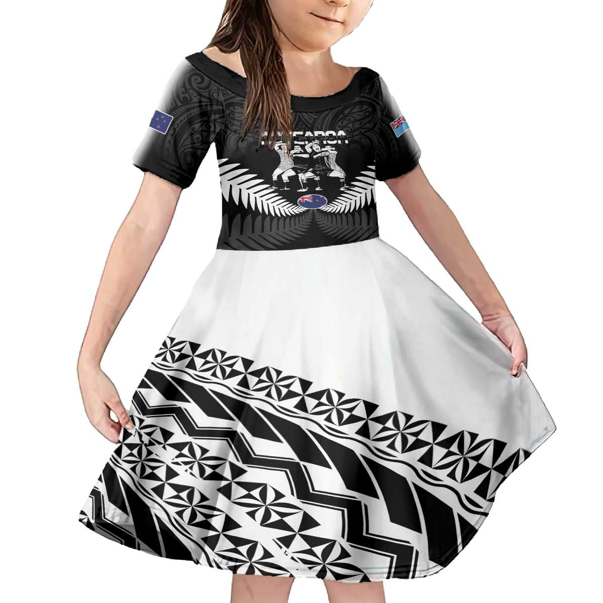 New Zealand And Fiji Tapa Rugby Family Matching Off The Shoulder Long Sleeve Dress and Hawaiian Shirt Haka Dance Mix Cibi Dance Together LT14 Daughter's Dress Black - Polynesian Pride