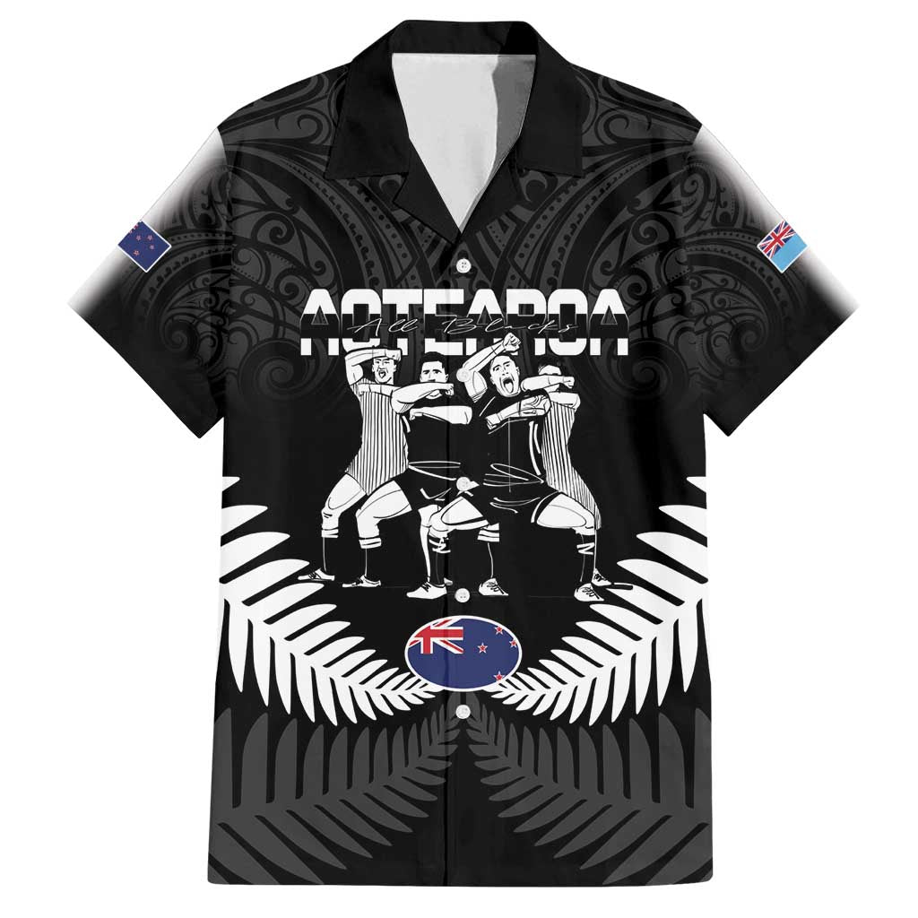 New Zealand And Fiji Tapa Rugby Family Matching Off Shoulder Maxi Dress and Hawaiian Shirt Haka Dance Mix Cibi Dance Together LT14 Dad's Shirt - Short Sleeve Black - Polynesian Pride