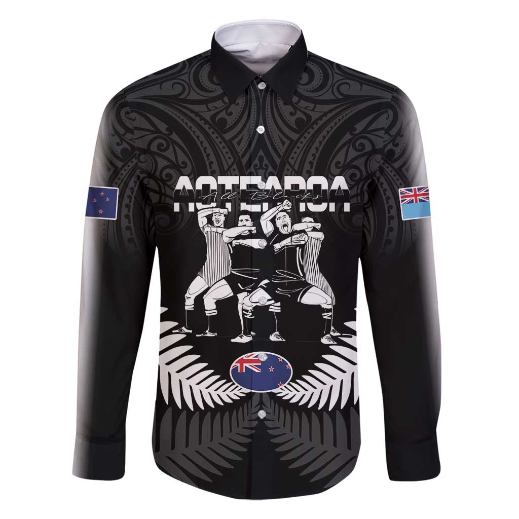 New Zealand And Fiji Tapa Rugby Family Matching Off Shoulder Maxi Dress and Hawaiian Shirt Haka Dance Mix Cibi Dance Together LT14 Dad's Shirt - Long Sleeve Black - Polynesian Pride
