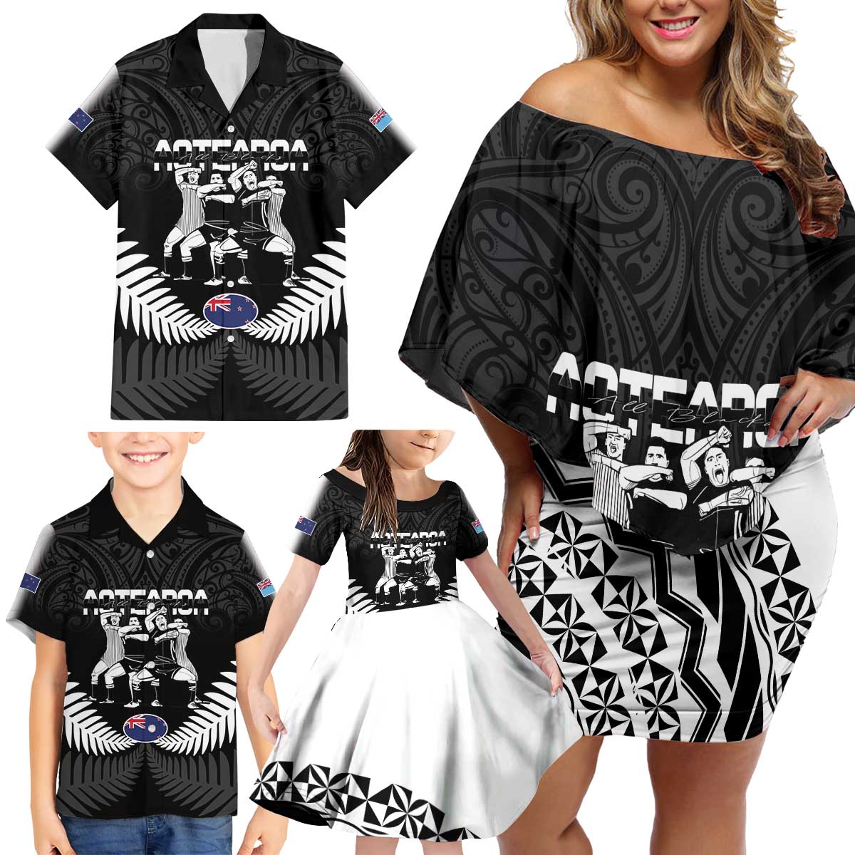 New Zealand And Fiji Tapa Rugby Family Matching Off Shoulder Short Dress and Hawaiian Shirt Haka Dance Mix Cibi Dance Together LT14 - Polynesian Pride