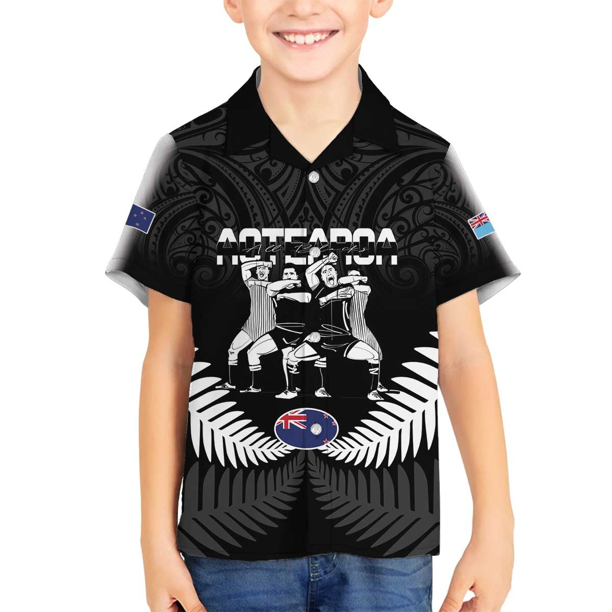 New Zealand And Fiji Tapa Rugby Family Matching Off Shoulder Short Dress and Hawaiian Shirt Haka Dance Mix Cibi Dance Together LT14 Son's Shirt Black - Polynesian Pride