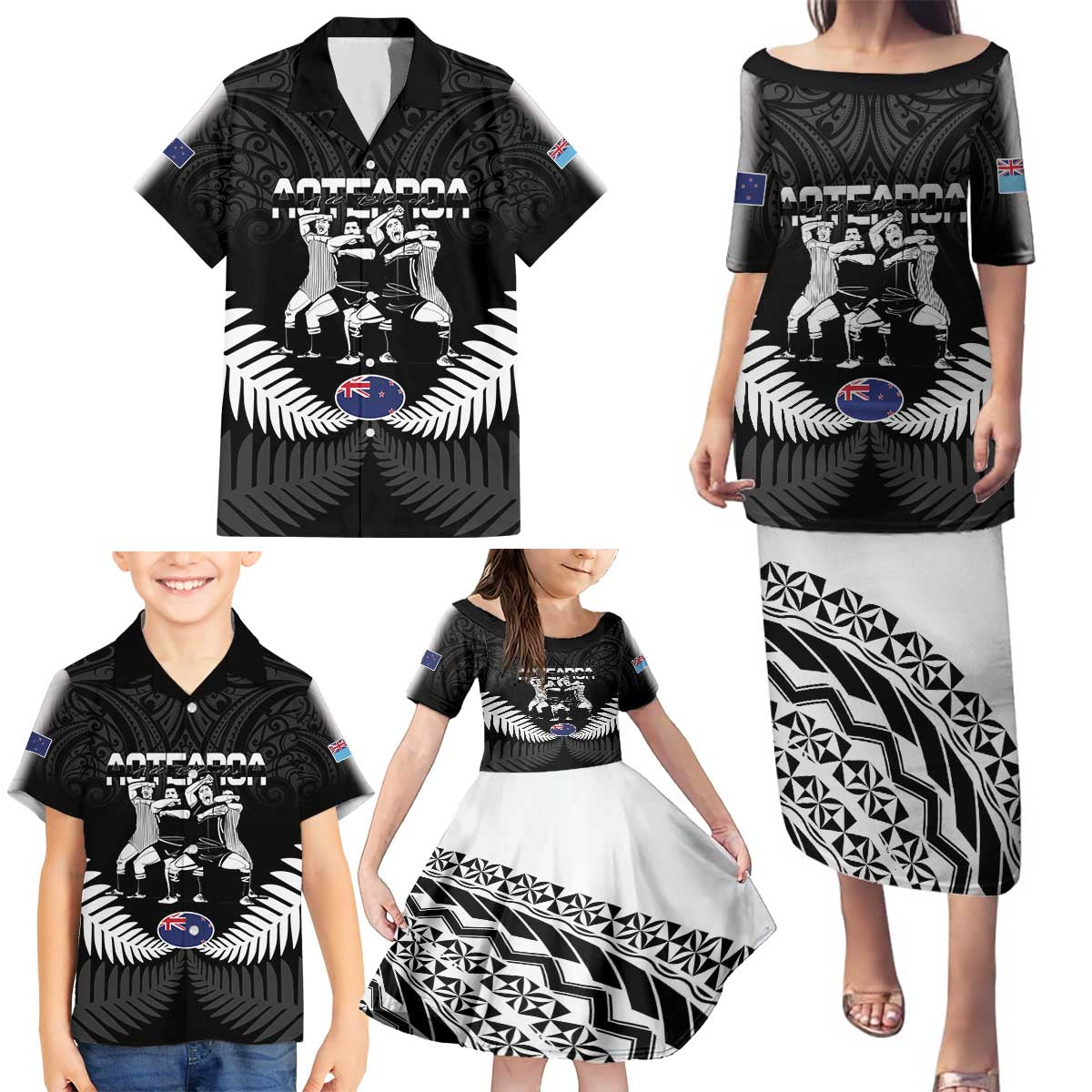 New Zealand And Fiji Tapa Rugby Family Matching Puletasi and Hawaiian Shirt Haka Dance Mix Cibi Dance Together LT14 - Polynesian Pride