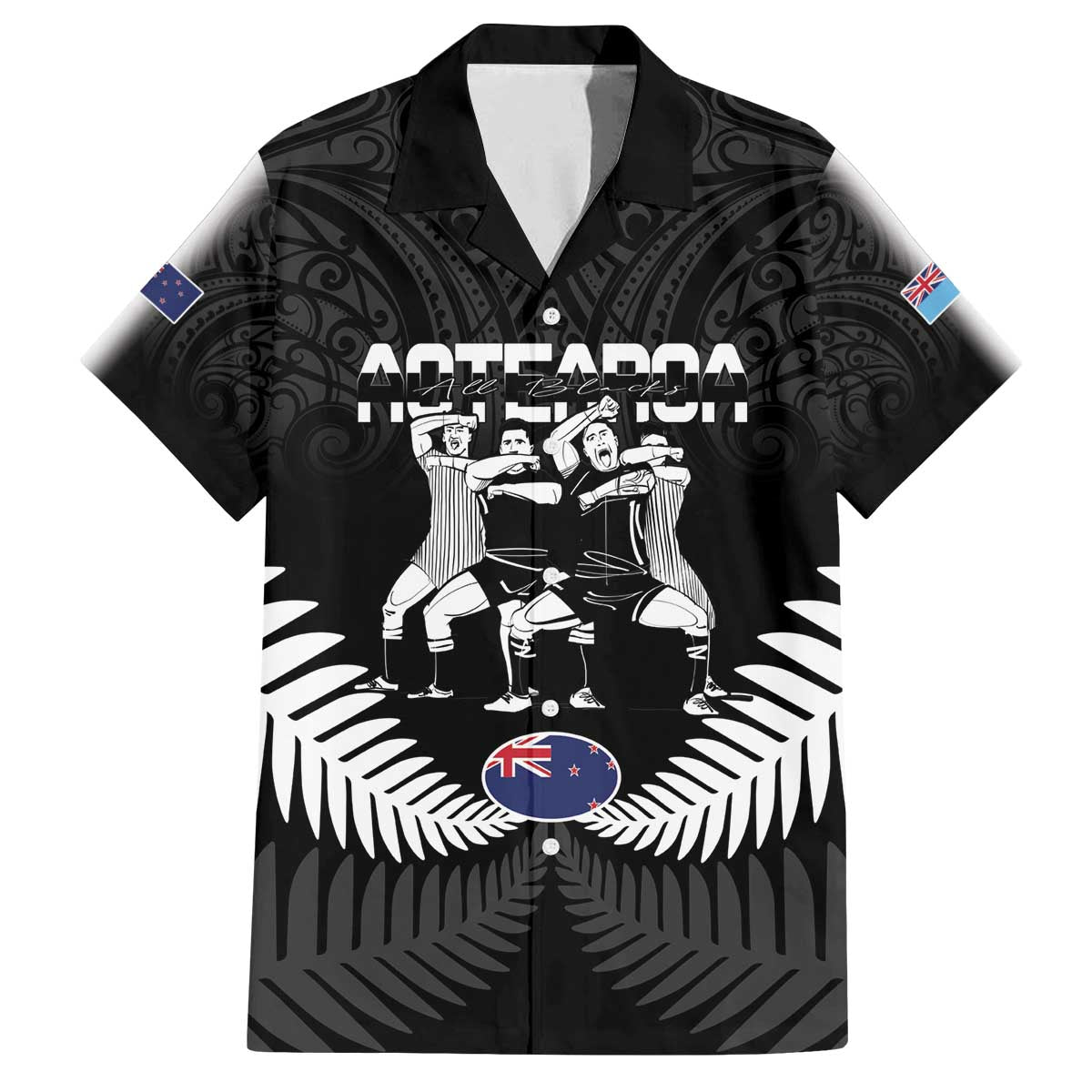 New Zealand And Fiji Tapa Rugby Family Matching Puletasi and Hawaiian Shirt Haka Dance Mix Cibi Dance Together LT14 Dad's Shirt - Short Sleeve Black - Polynesian Pride