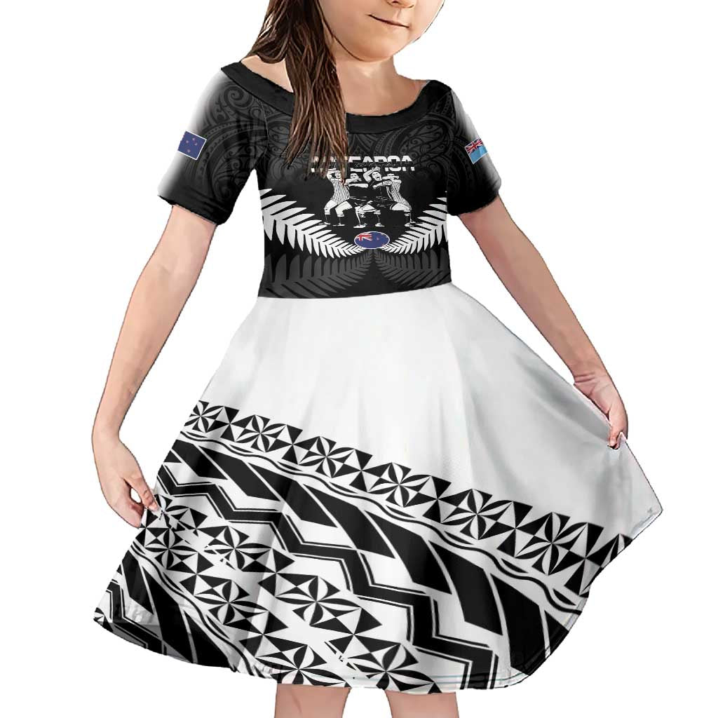 New Zealand And Fiji Tapa Rugby Family Matching Short Sleeve Bodycon Dress and Hawaiian Shirt Haka Dance Mix Cibi Dance Together LT14 Daughter's Dress Black - Polynesian Pride