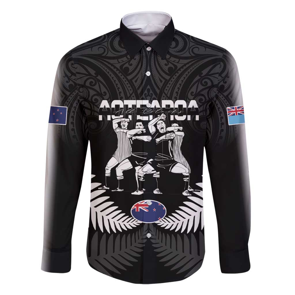 New Zealand And Fiji Tapa Rugby Family Matching Short Sleeve Bodycon Dress and Hawaiian Shirt Haka Dance Mix Cibi Dance Together LT14 Dad's Shirt - Long Sleeve Black - Polynesian Pride