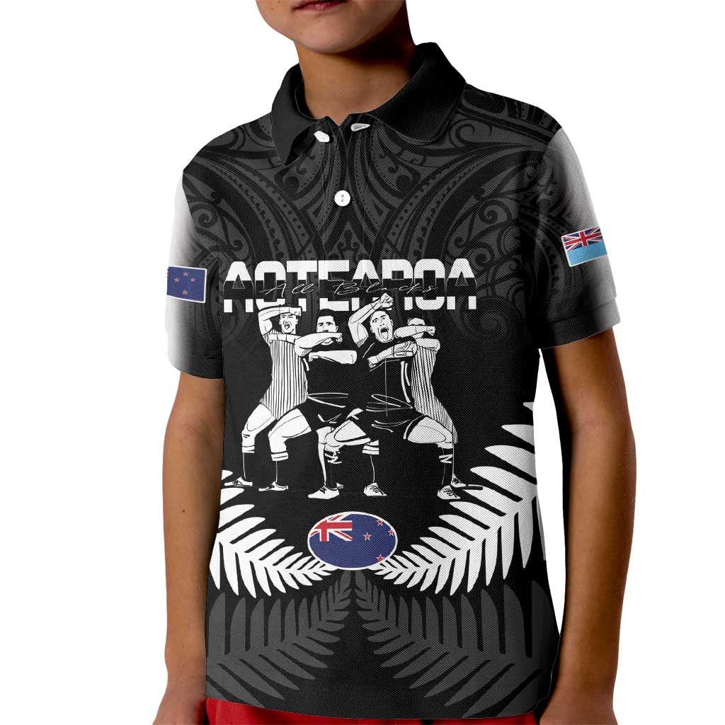 New Zealand And Fiji Tapa Rugby Kid Polo Shirt Haka Dance Mix Cibi Dance Together LT14 Kid Black - Polynesian Pride