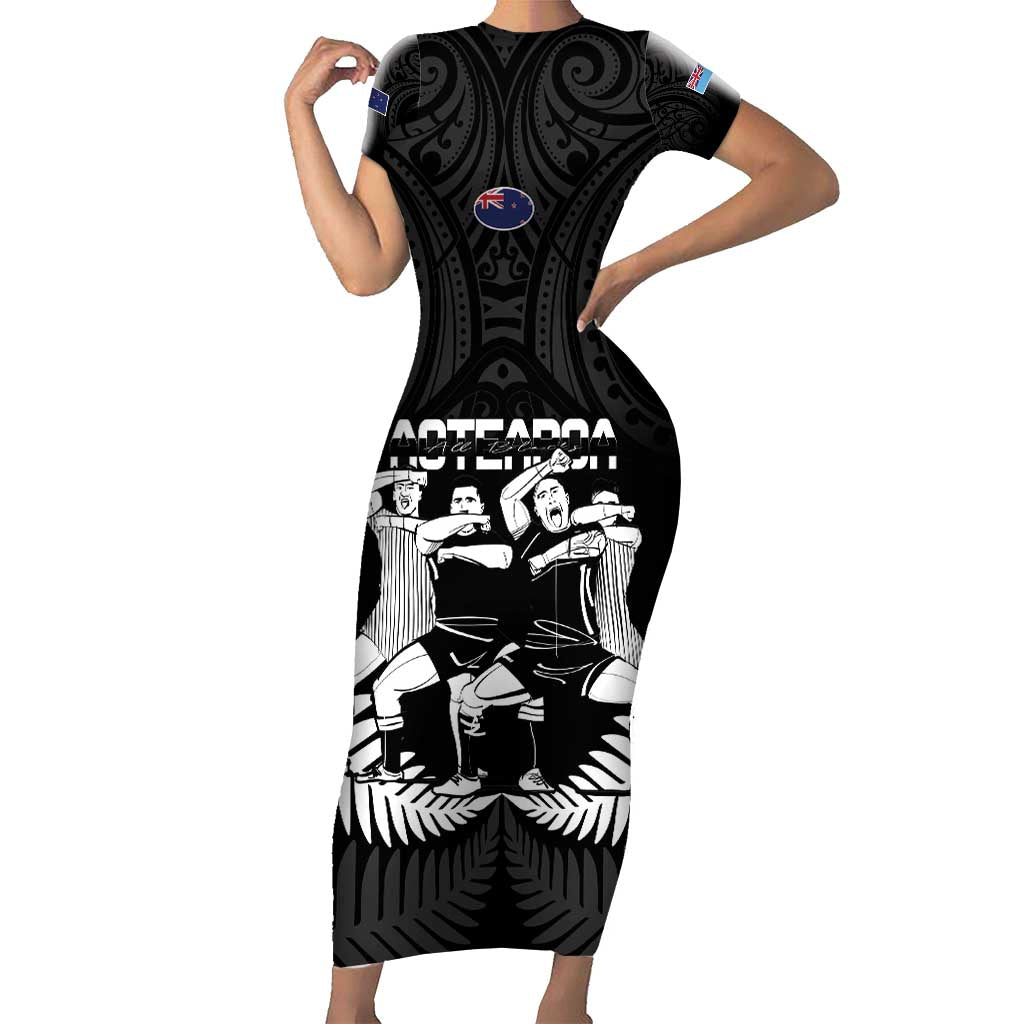 New Zealand And Fiji Tapa Rugby Short Sleeve Bodycon Dress Haka Dance Mix Cibi Dance Together LT14 Long Dress Black - Polynesian Pride