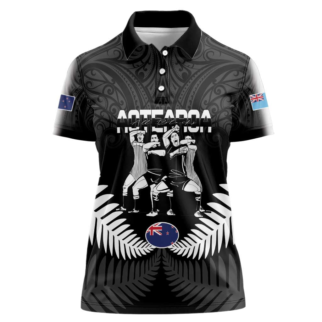 New Zealand And Fiji Tapa Rugby Women Polo Shirt Haka Dance Mix Cibi Dance Together LT14 Female Black - Polynesian Pride