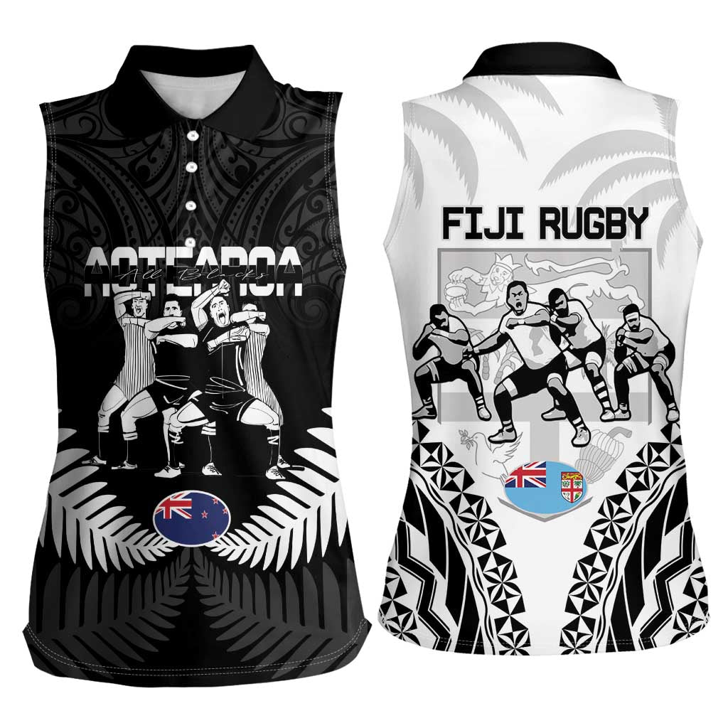 New Zealand And Fiji Tapa Rugby Women Sleeveless Polo Shirt Haka Dance Mix Cibi Dance Together LT14 - Polynesian Pride