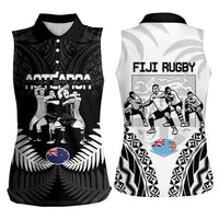 New Zealand And Fiji Tapa Rugby Women Sleeveless Polo Shirt Haka Dance Mix Cibi Dance Together LT14 - Polynesian Pride