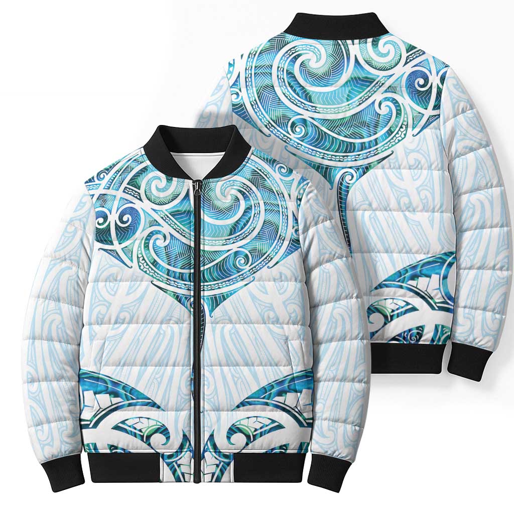 New Zealand Manta Ray Tattoo Bomber Puffer Jacket Aotearoa Maori Haehae Paua Shell - Polynesian Pride