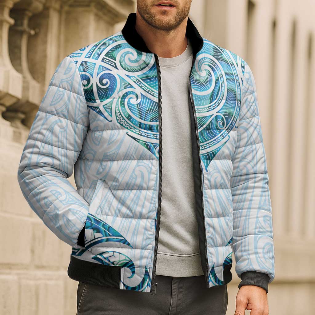 New Zealand Manta Ray Tattoo Bomber Puffer Jacket Aotearoa Maori Haehae Paua Shell - Polynesian Pride