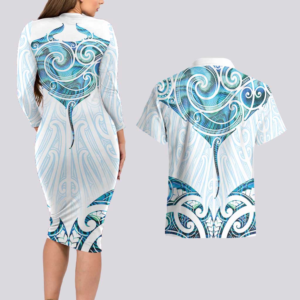 New Zealand Manta Ray Tattoo Couples Matching Long Sleeve Bodycon Dress and Hawaiian Shirt Aotearoa Maori Haehae Paua Shell LT14 - Polynesian Pride