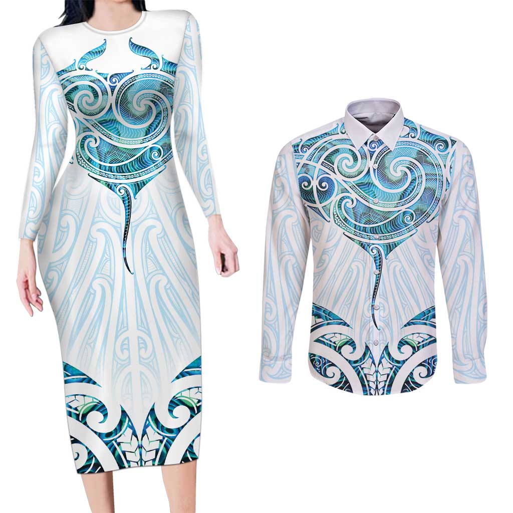 New Zealand Manta Ray Tattoo Couples Matching Long Sleeve Bodycon Dress and Long Sleeve Button Shirt Aotearoa Maori Haehae Paua Shell LT14 White - Polynesian Pride